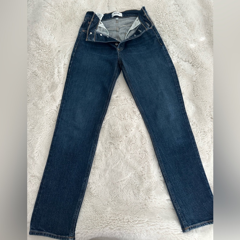 AGOLDE dark medium wash, mid rise skinny jeans, size 24